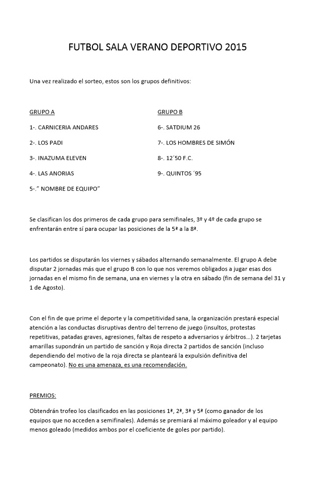 RESULTADOS 1ª JORNADA FÚTBOL SALA 