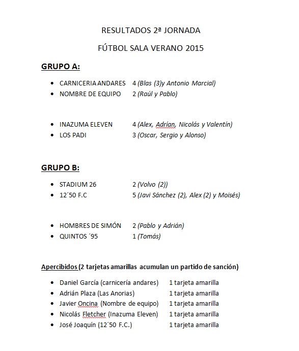 resultados segunda jornada ftbol sala verano 2015